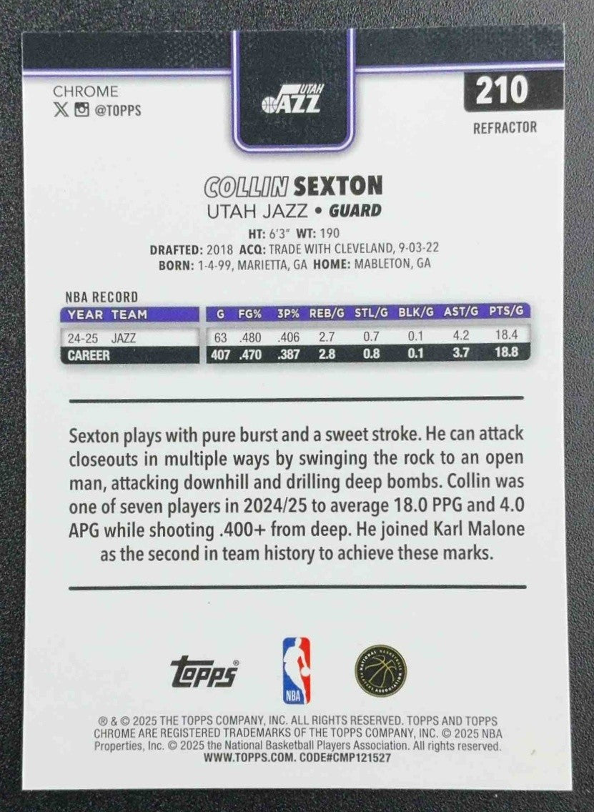 COLLIN SEXTON 2025-26 TOPPS CHROME #210 REFRACTOR JAZZ