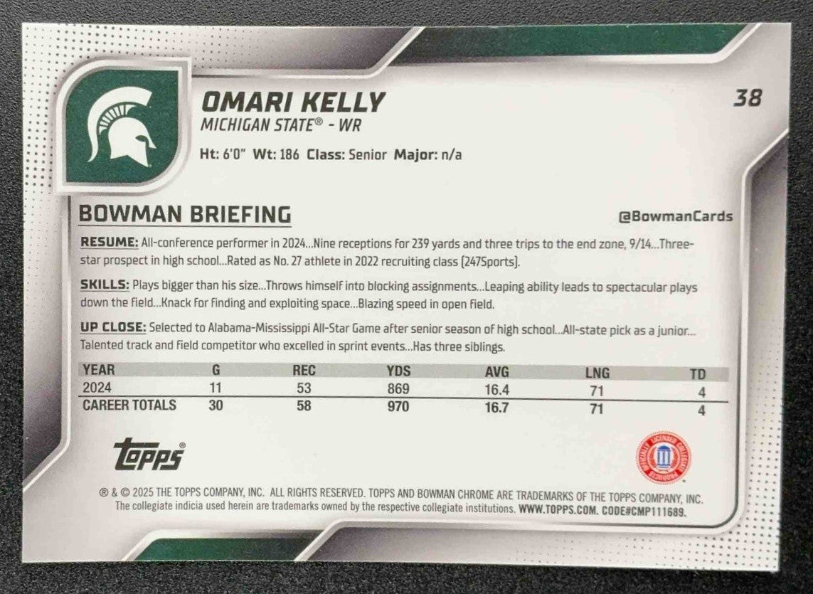 OMARI KELLY 2025 BOWMAN CHROME UNIVERSITY SAPPHIRE #38 1ST PROSPECT SPARTANS