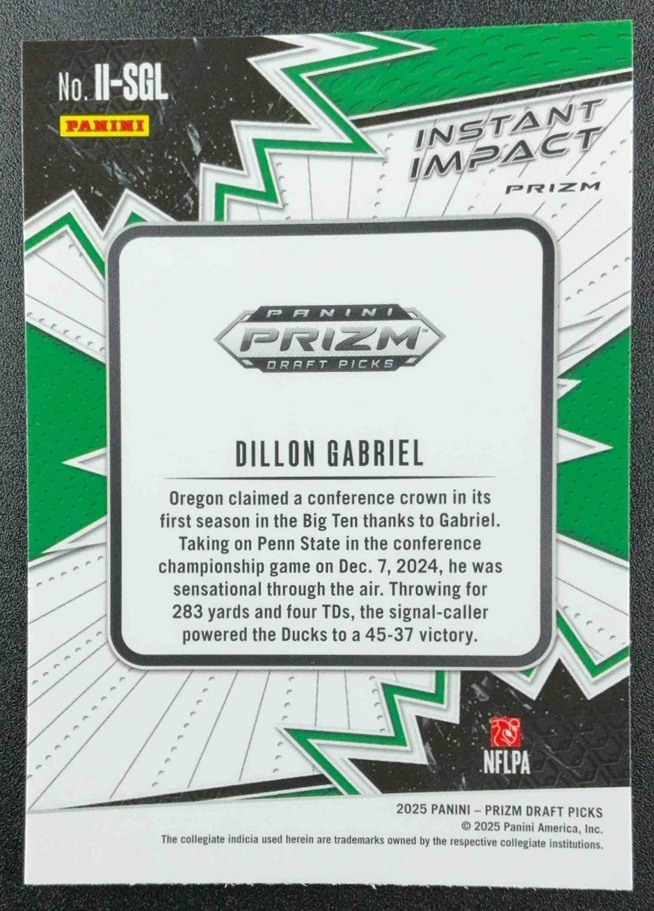 DILLON GABRIEL 2025 PANINI PRIZM DRAFT PICKS #II-DGL INSTANT IMPACT RC DUCKS
