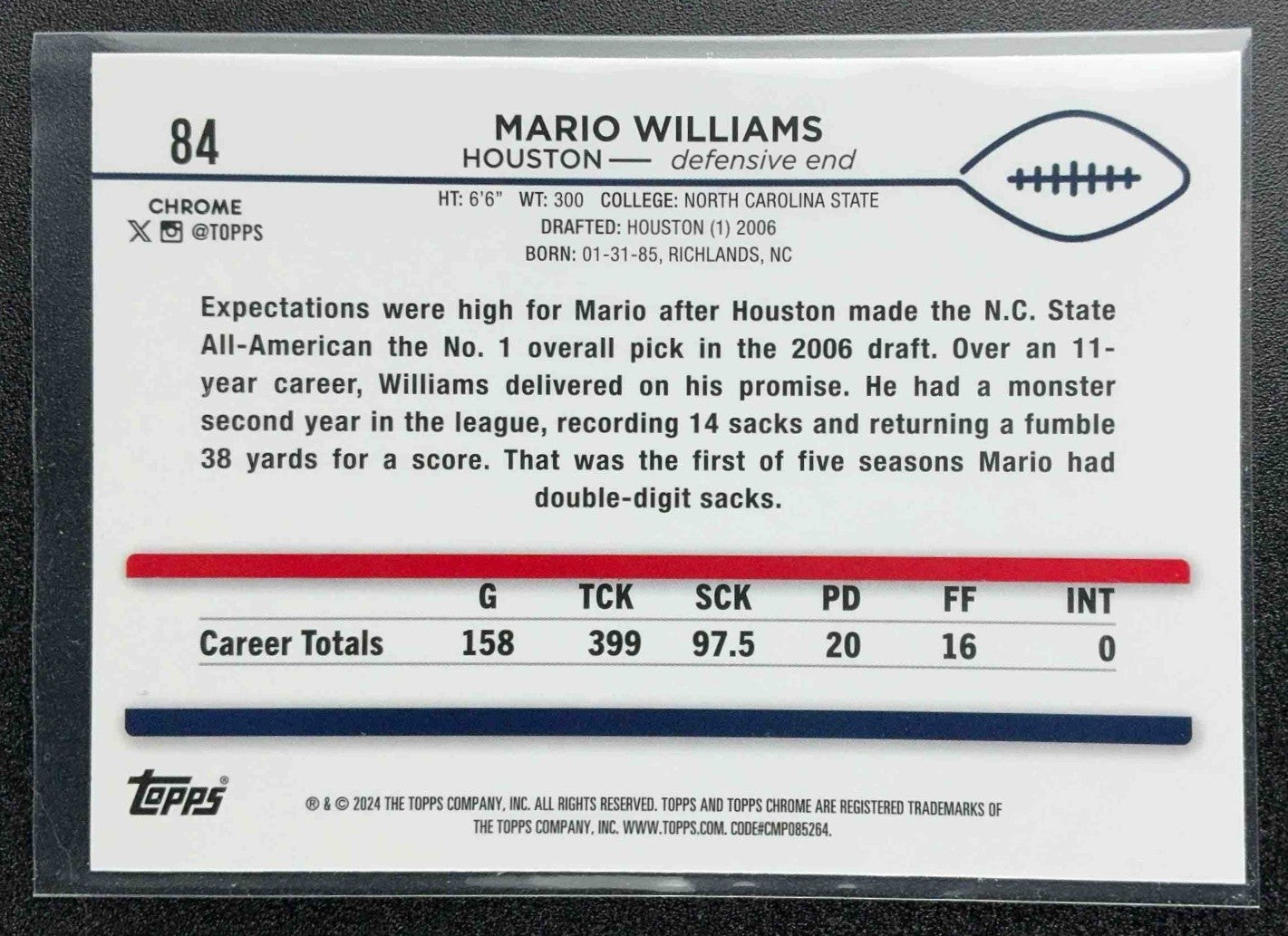 MARIO WILLIAMS 2024 TOPPS CHROME #84 PURPLE SPECKLE REFRACTOR /275 TEXANS