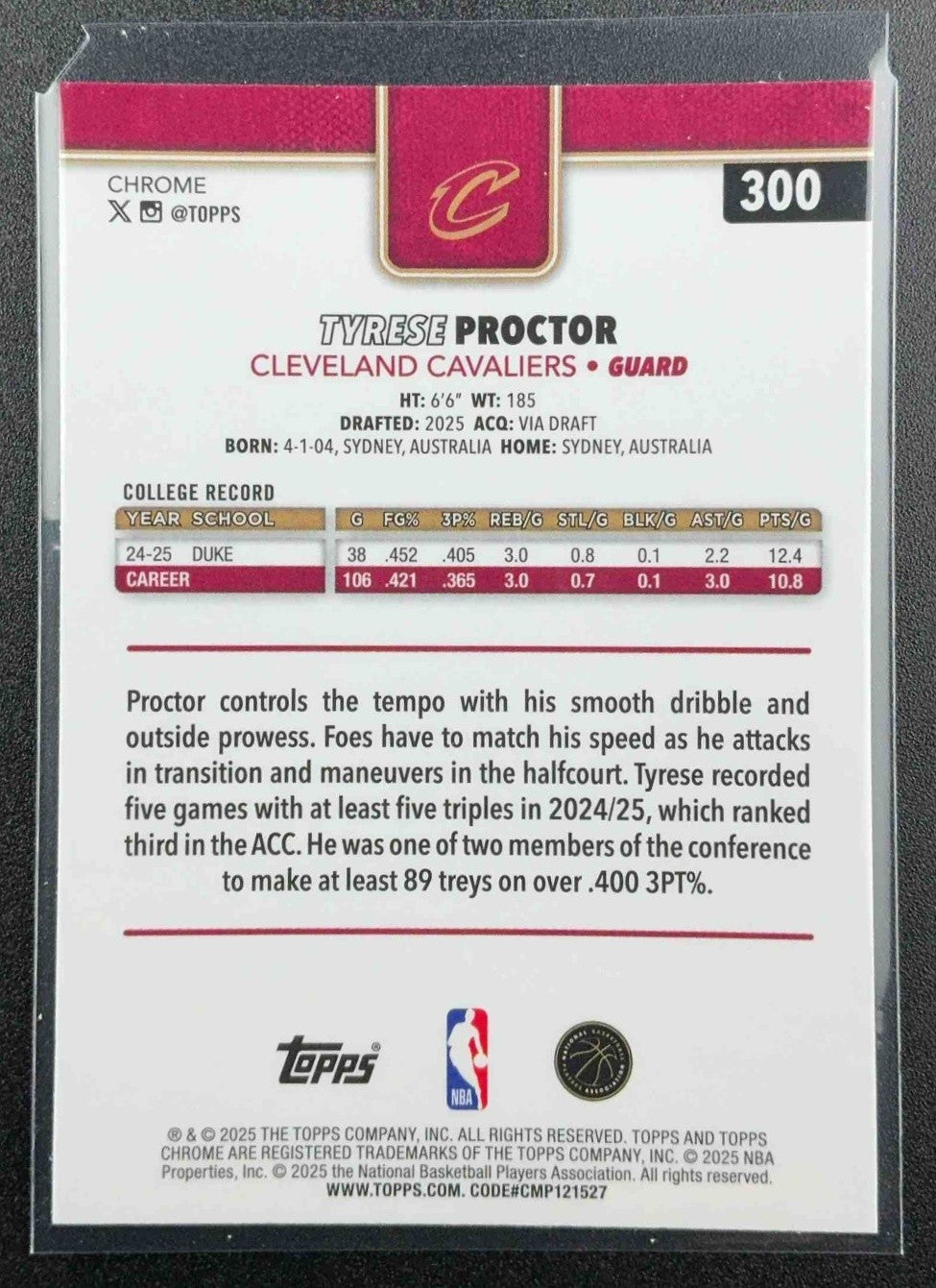 TYRESE PROCTOR 2025-26 TOPPS CHROME #300 X-FRACTOR RC CAVALIERS