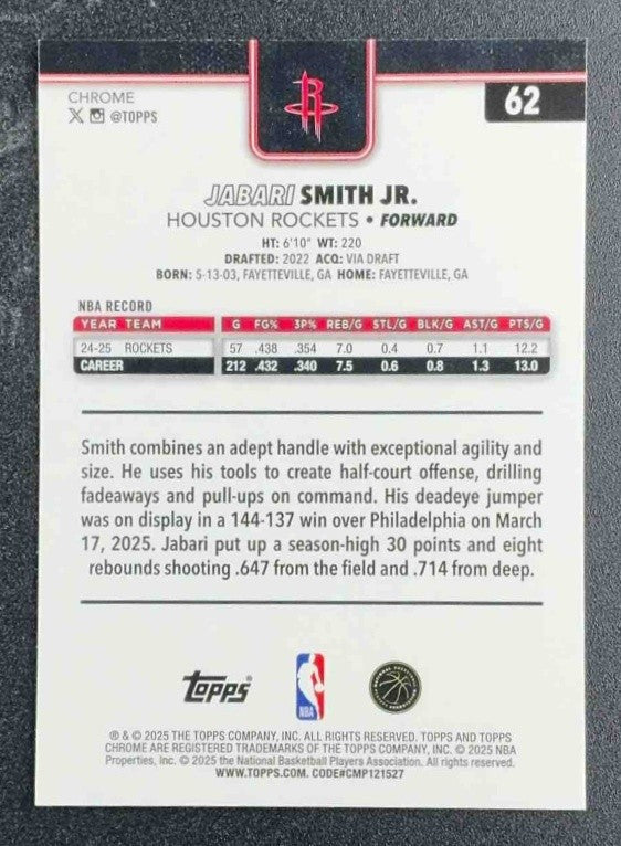 JABARI SMITH JR. 2025-26 TOPPS CHROME #62 RAYWAVE AQUA REFRACTOR 67/199 ROCKETS