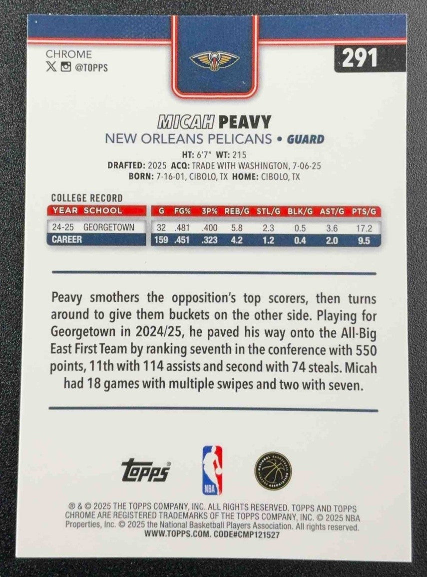 MICAH PEAVY 2025-26 TOPPS CHROME #291 PRISM REFRACTOR RC PELICANS