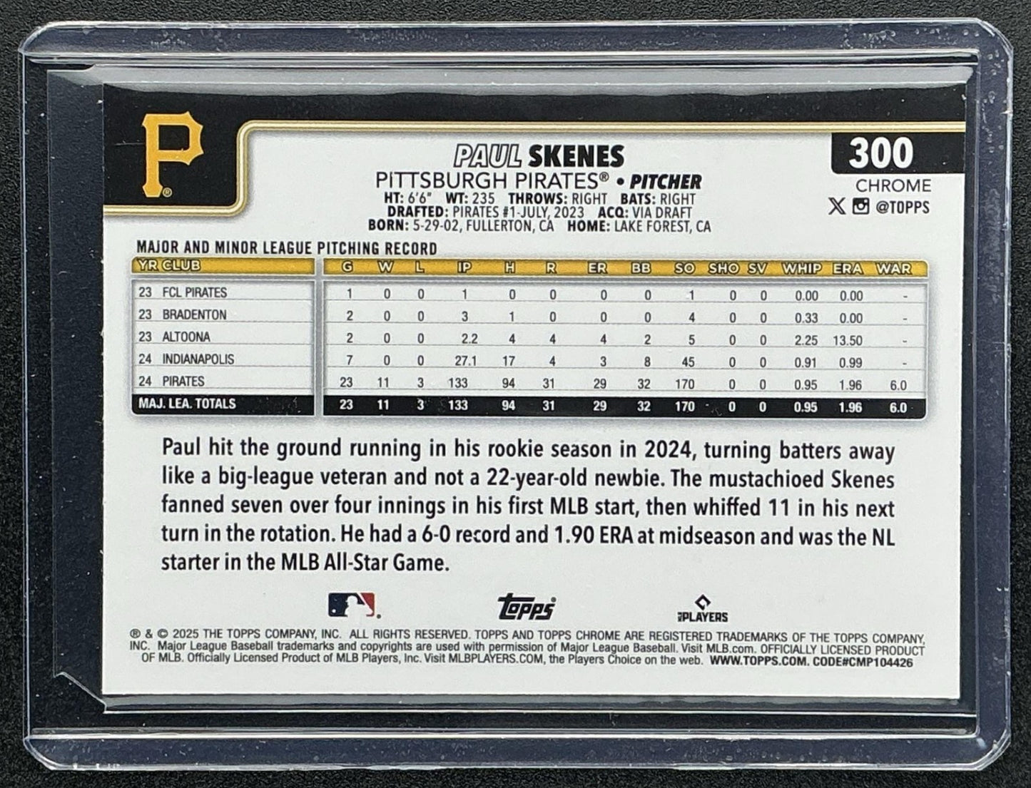 PAUL SKENES 2025 TOPPS CHROME #300 RAYWAVE REFRACTOR PIRATES
