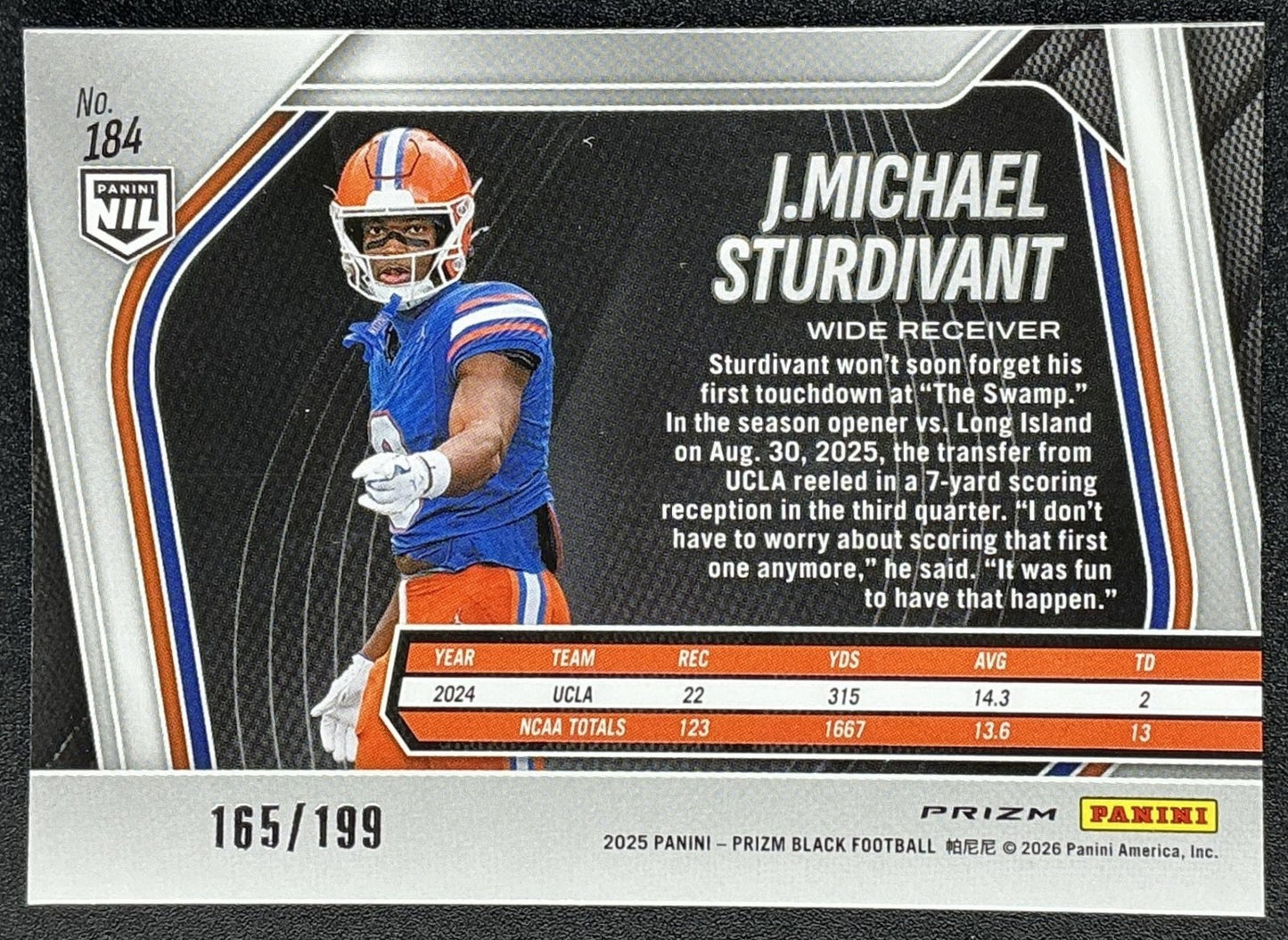 J.MICHAEL STURDIVANT 2025 PANINI PRIZM BLACK #184 PROSPECTS BLUE 165/199 GATORS