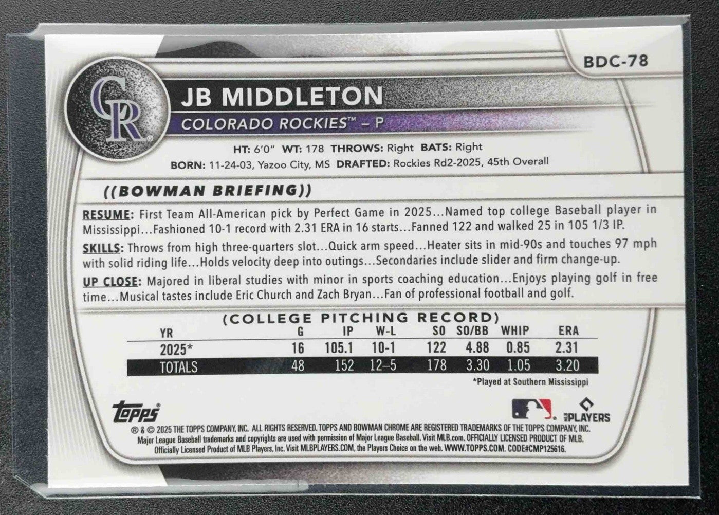 2025 Bowman Draft JB Middleton #BDC-78 Chrome Mojo Refractor 1st Prospect