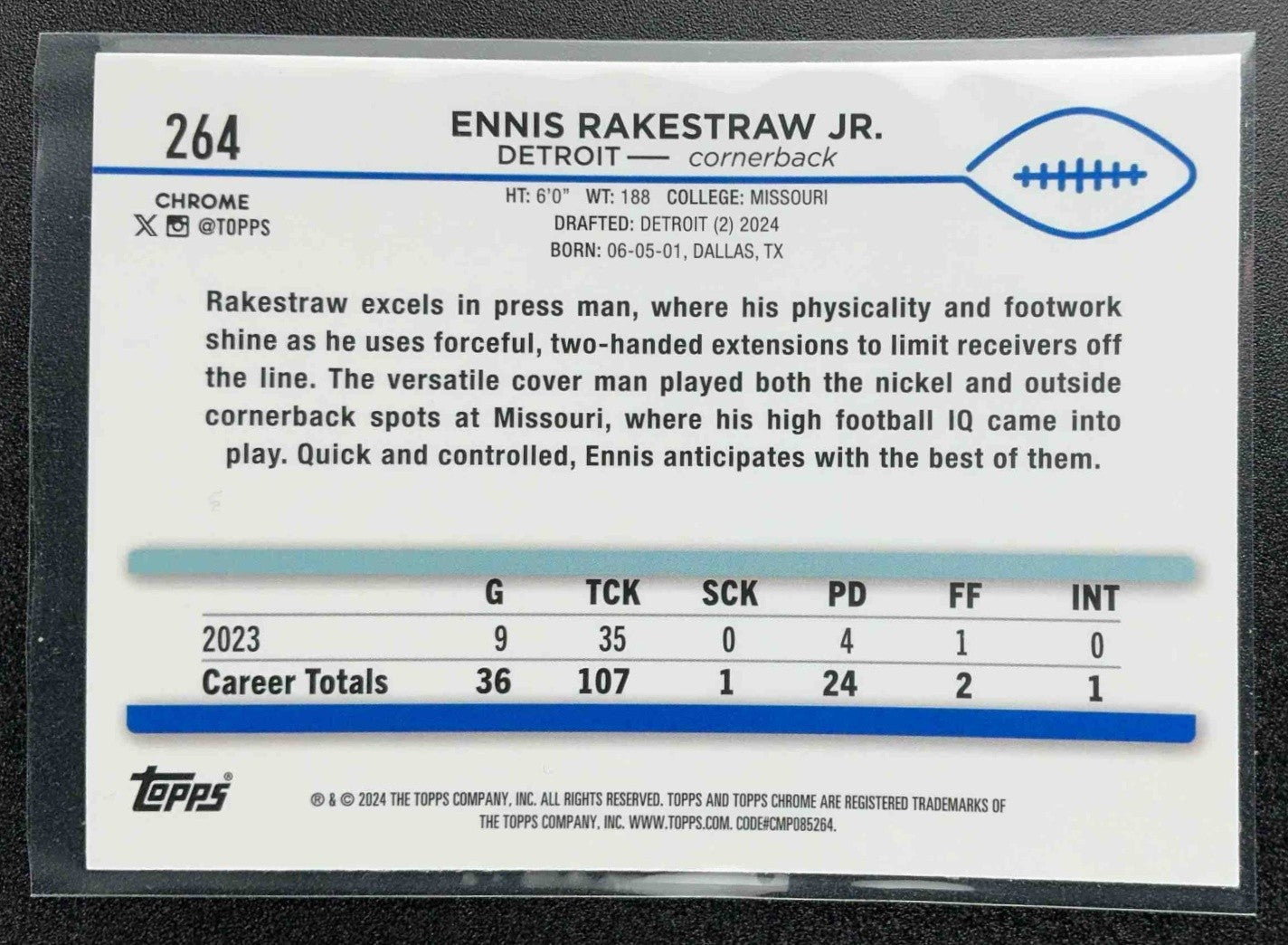 ENNIS RAKESTRAW JR. 2024 TOPPS CHROME #264 PRISM REFRACTOR RC LIONS