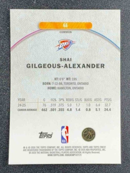 SHAI GILGEOUS-ALEXANDER 2025-26 TOPPS FINEST #66 COMMON THUNDER