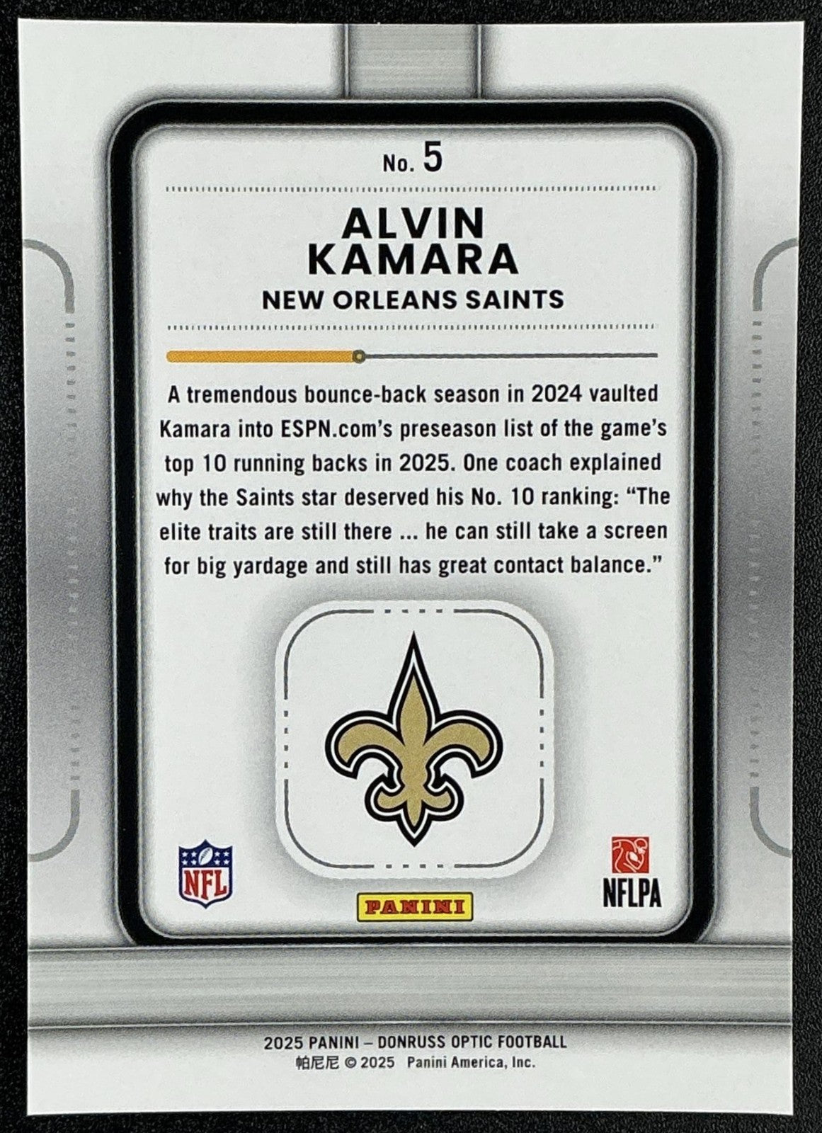 ALVIN KAMARA 2025 PANINI DONRUSS OPTIC #5 PLAY ACTION SAINTS
