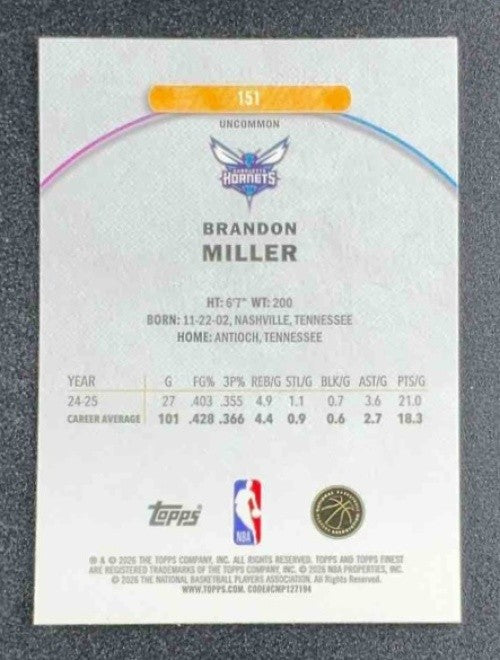 BRANDON MILLER 2025-26 TOPPS FINEST #151 UNCOMMON BLUE REFRACTOR 30/150 HORNETS