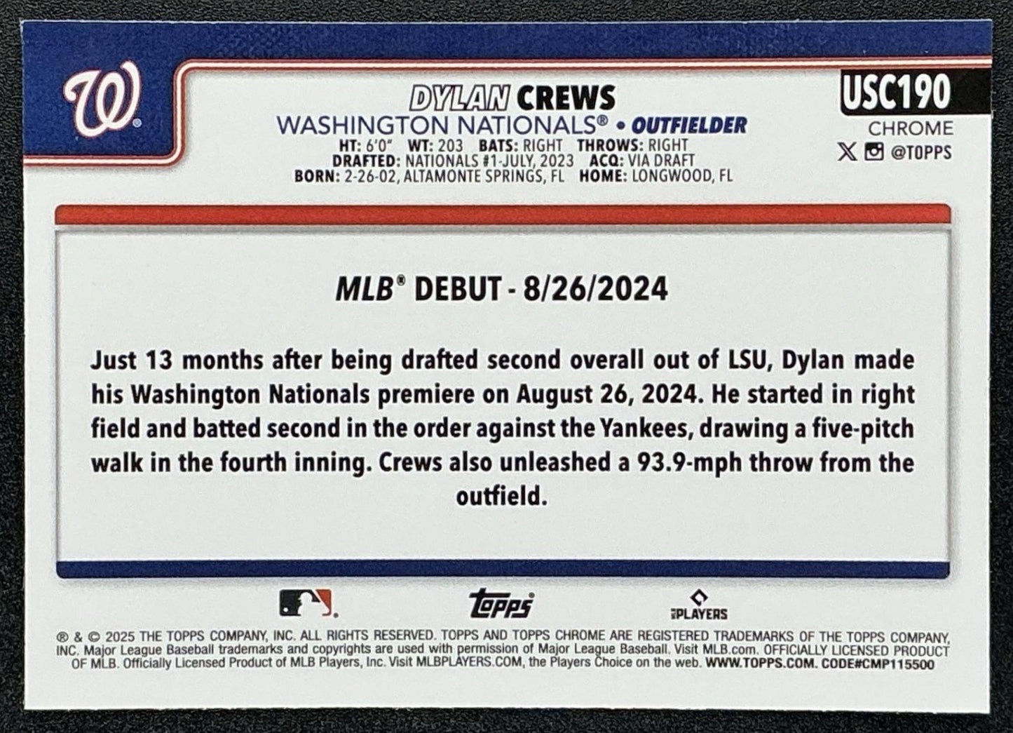 DYLAN CREWS 2025 TOPPS CHROME UPDATE #USC190 RC NATIONALS