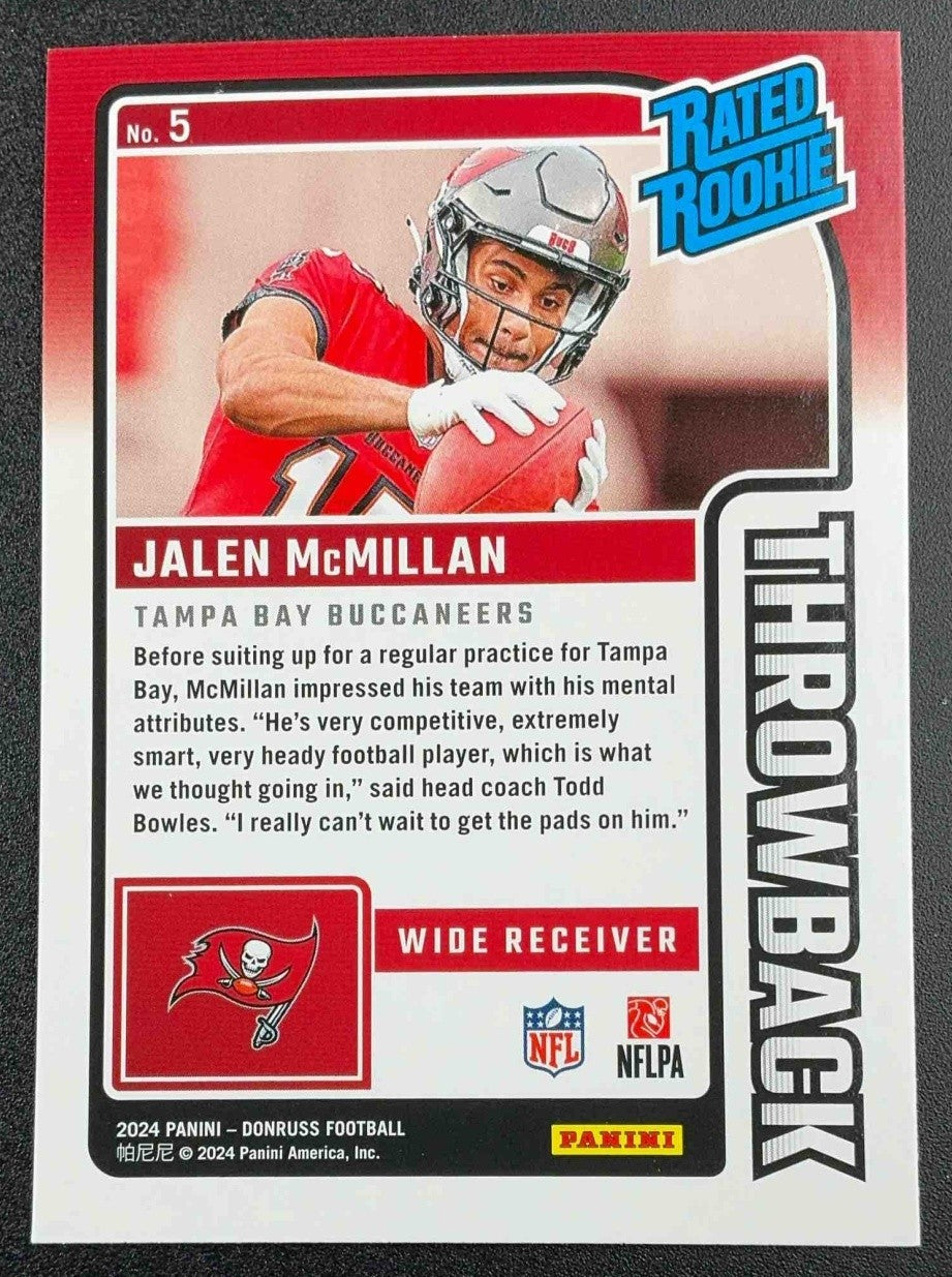 JALEN MCMILLAN 2024 PANINI DONRUSS #5 RATED ROOKIE THROWBACK BUCCANEERS