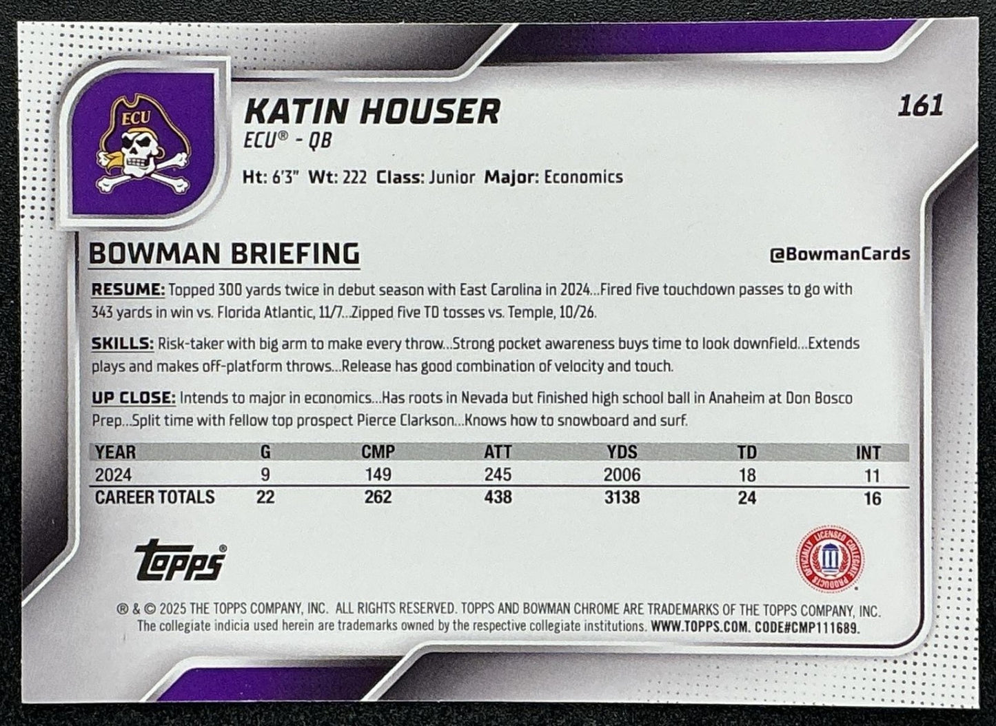 KATIN HOUSER 2025 BOWMAN CHROME UNIVERSITY SAPPHIRE #161 1ST PROSPECT PIRATES