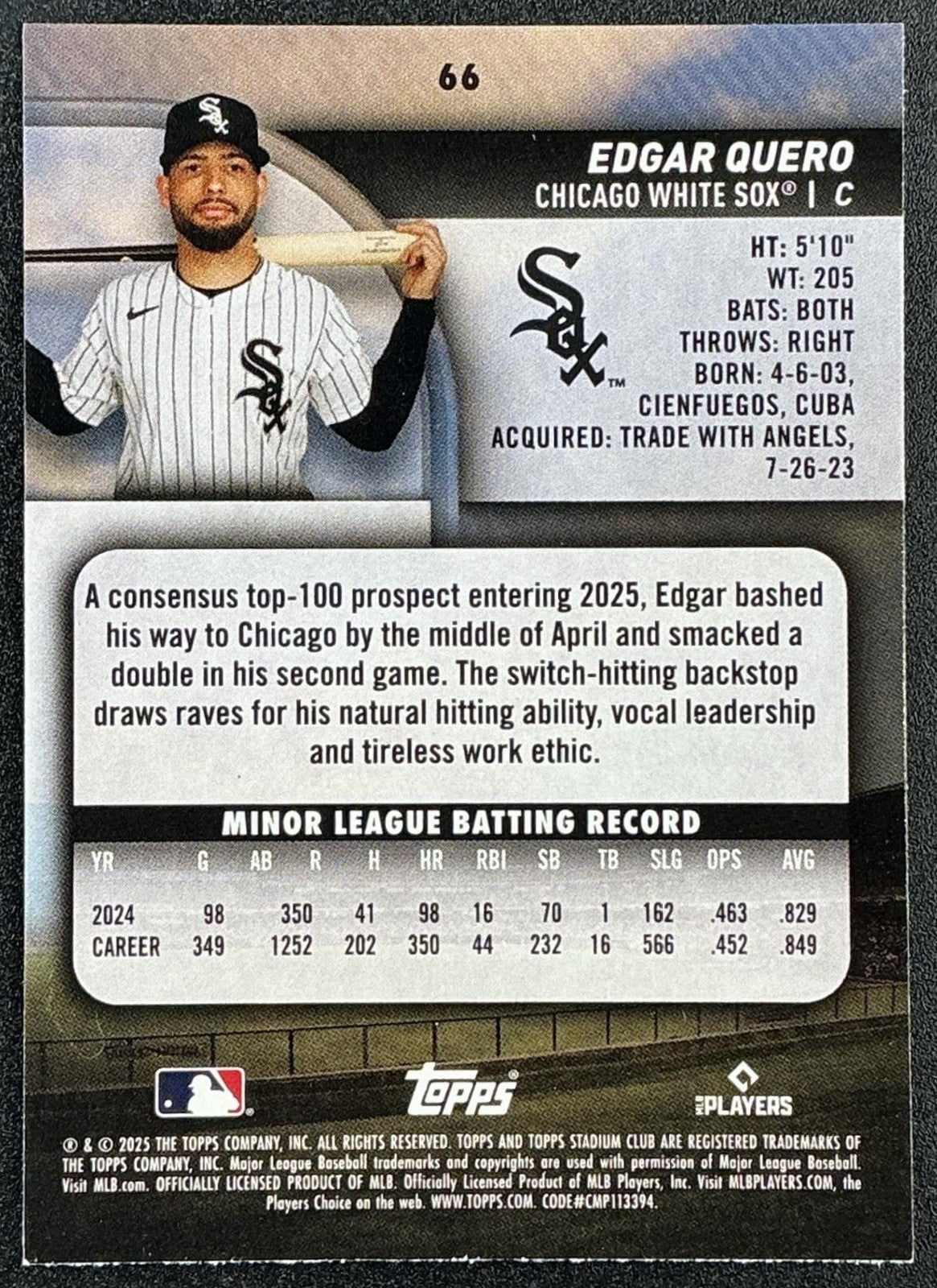 EDGAR QUERO 2025 TOPPS STADIUM CLUB #66 RC WHITE SOX