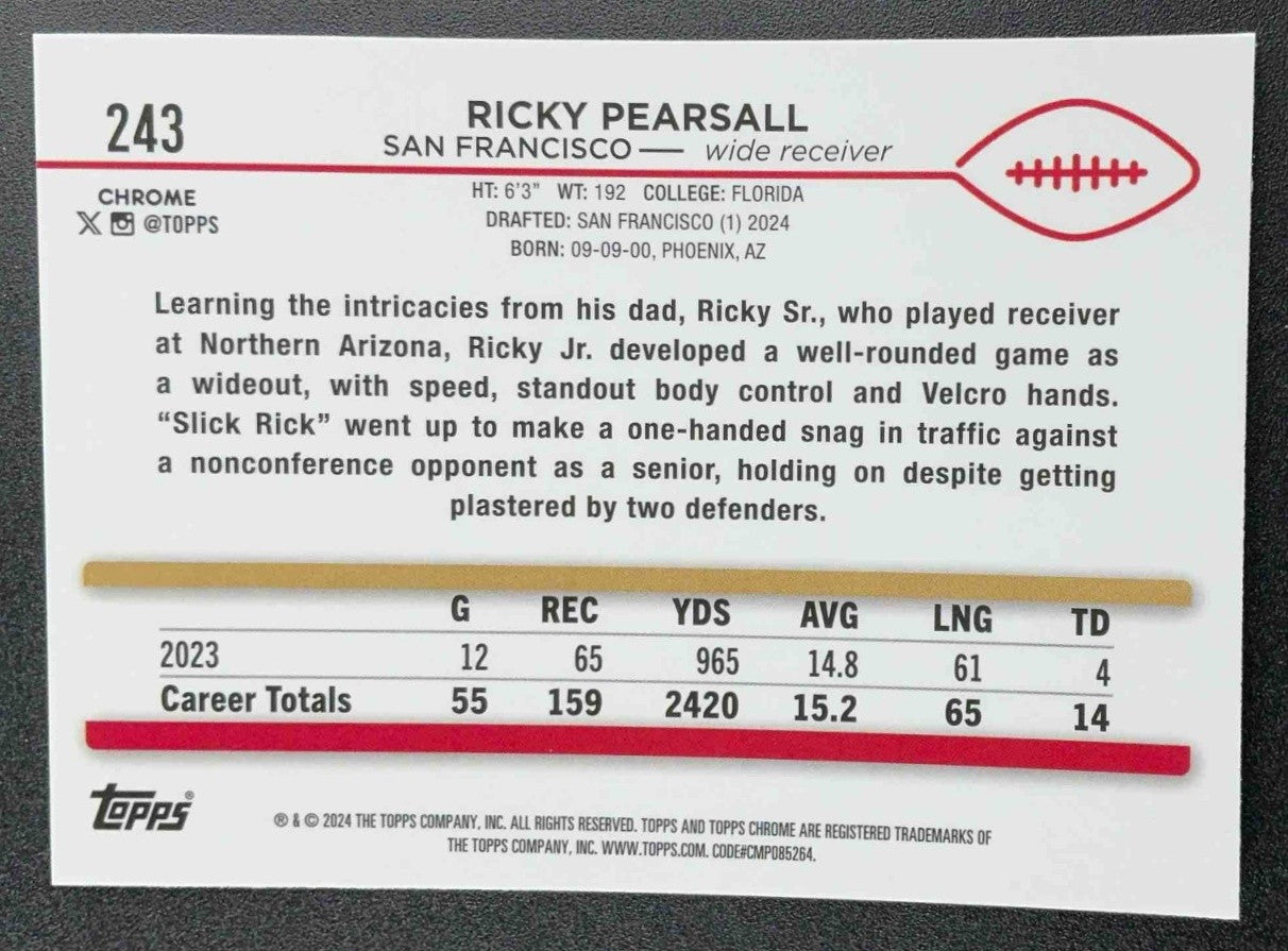 RICKY PEARSALL 2024 TOPPS CHROME #243 RC 49ERS