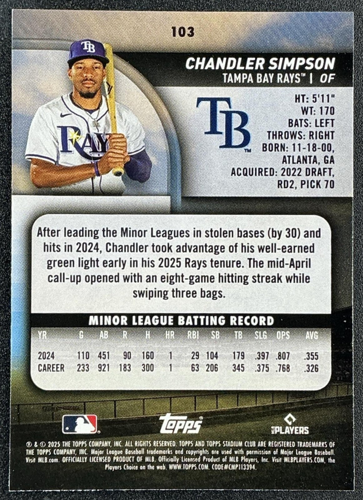CHANDLER SIMPSON 2025 TOPPS STADIUM CLUB #103 RC RAYS