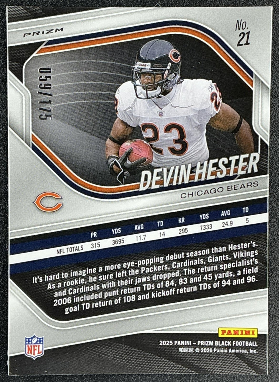 DEVIN HESTER 2025 PANINI PRIZM BLACK #21 WHITE 59/175 BEARS