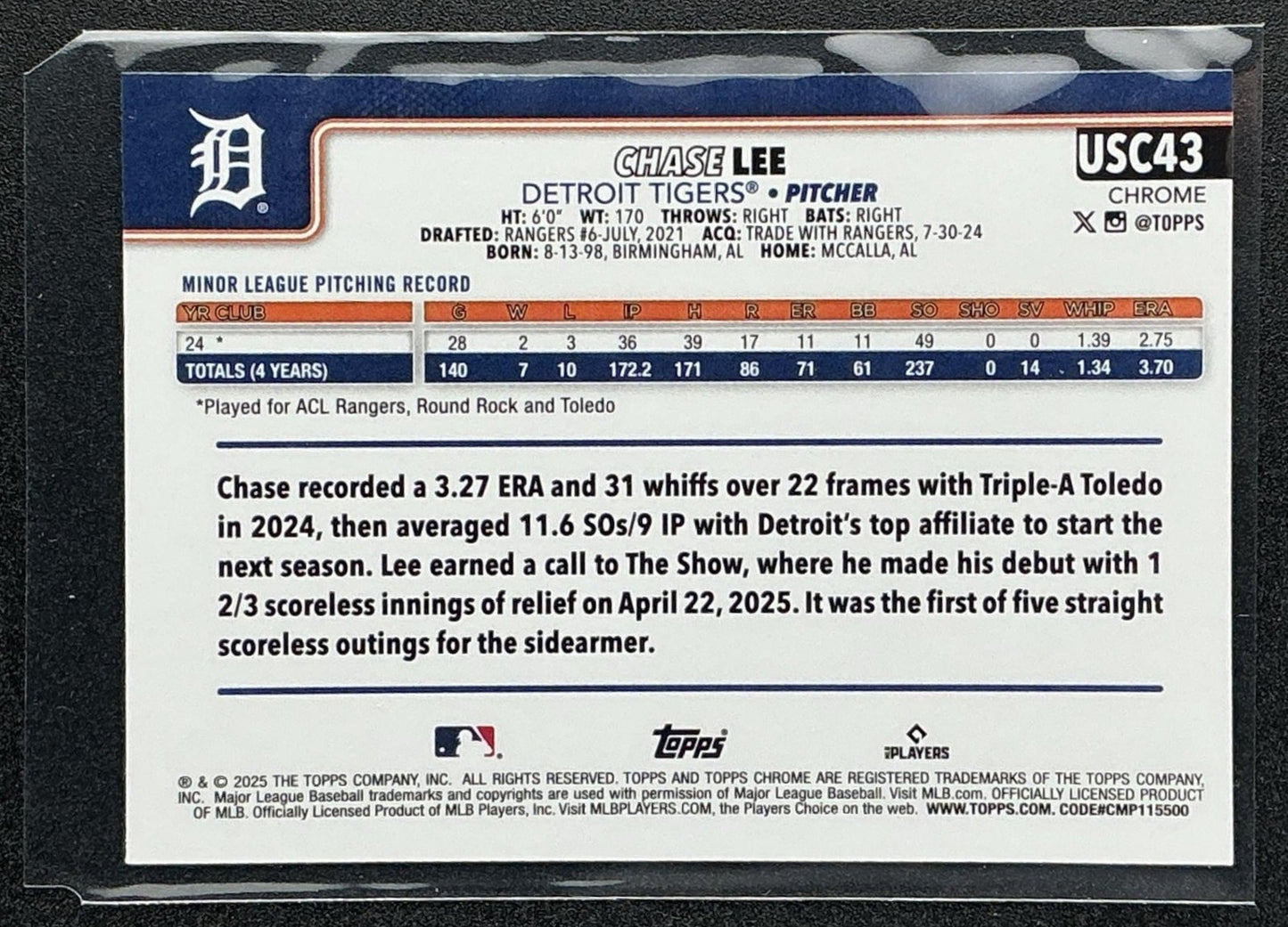 CHASE LEE 2025 TOPPS CHROME UPDATE #USC43 SEPIA REFRACTOR RC TIGERS