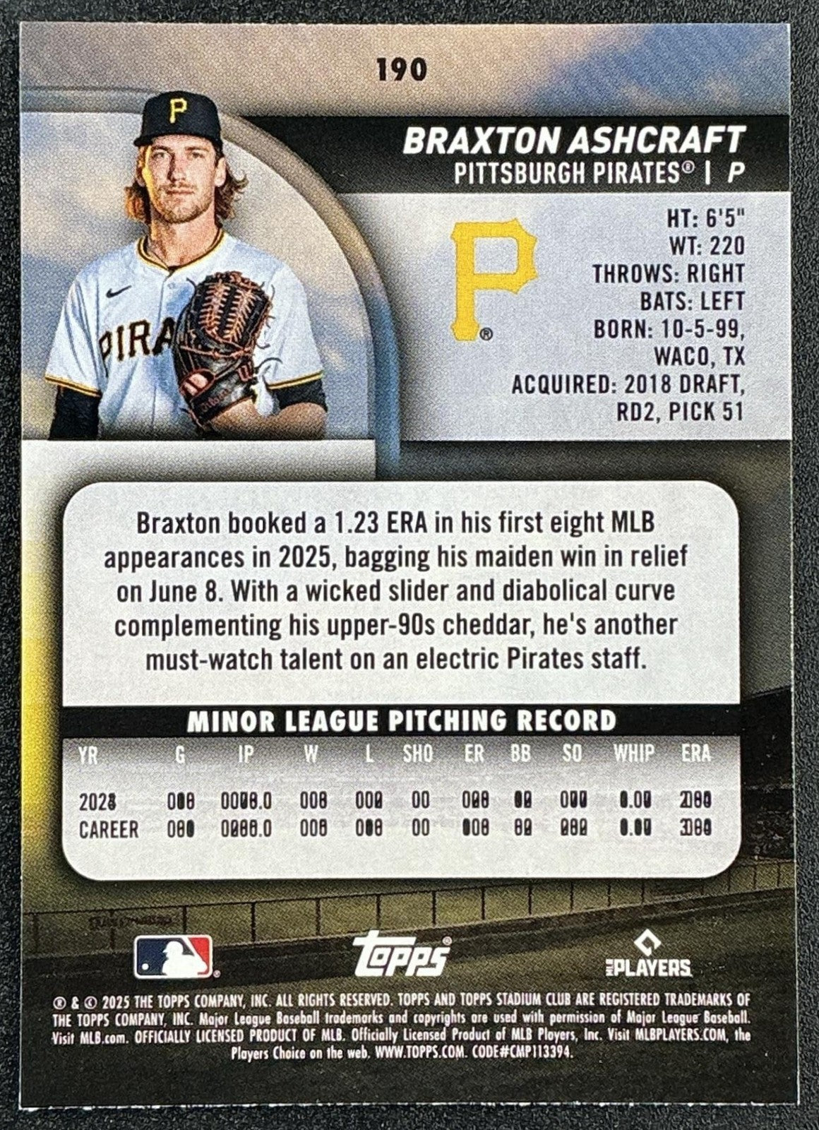 BRAXTON ASHCRAFT 2025 TOPPS STADIUM CLUB #190 RC PIRATES