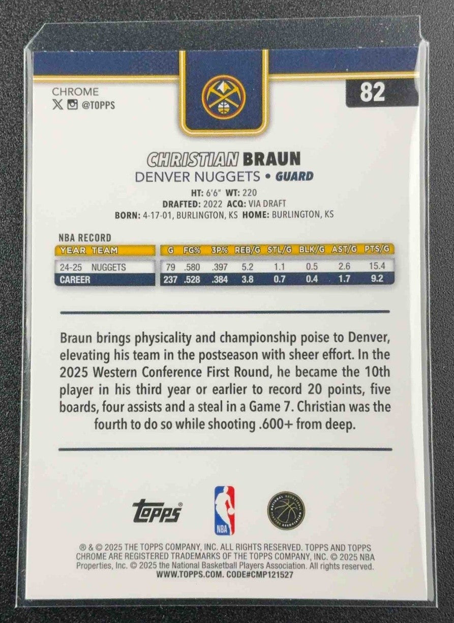 CHRISTIAN BRAUN 2025-26 TOPPS CHROME #82 PRISM REFRACTOR NUGGETS