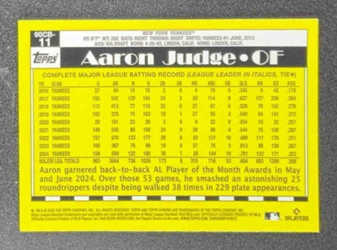 AARON JUDGE 2025 TOPPS CHROME #90CB-11 1990 BASEBALL YANKEES
