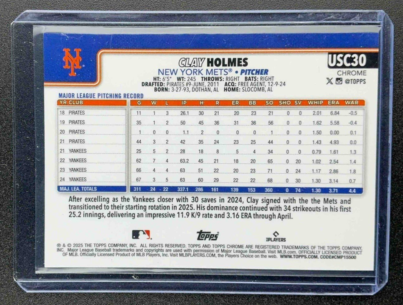 CLAY HOLMES 2025 TOPPS CHROME SAPPHIRE RED /5 NEW YORK METS SSP