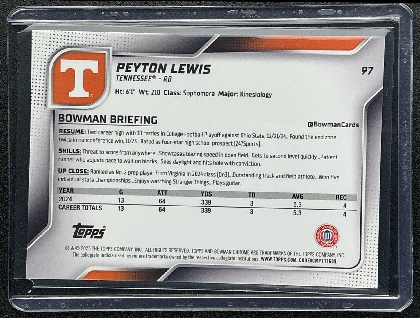 2025 Bowman Chrome University Sapphire Peyton Lewis #97 Gold /50 1st