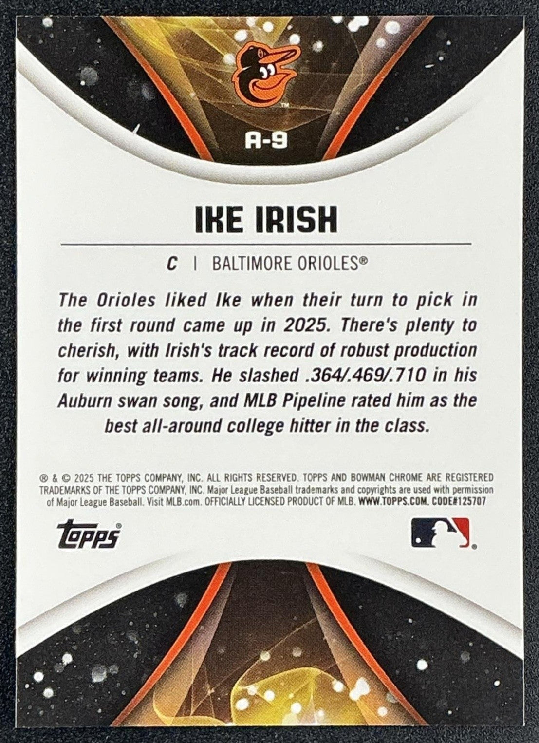 IKE IRISH 2025 BOWMAN DRAFT #A-9 AXIS CHROME ORIOLES