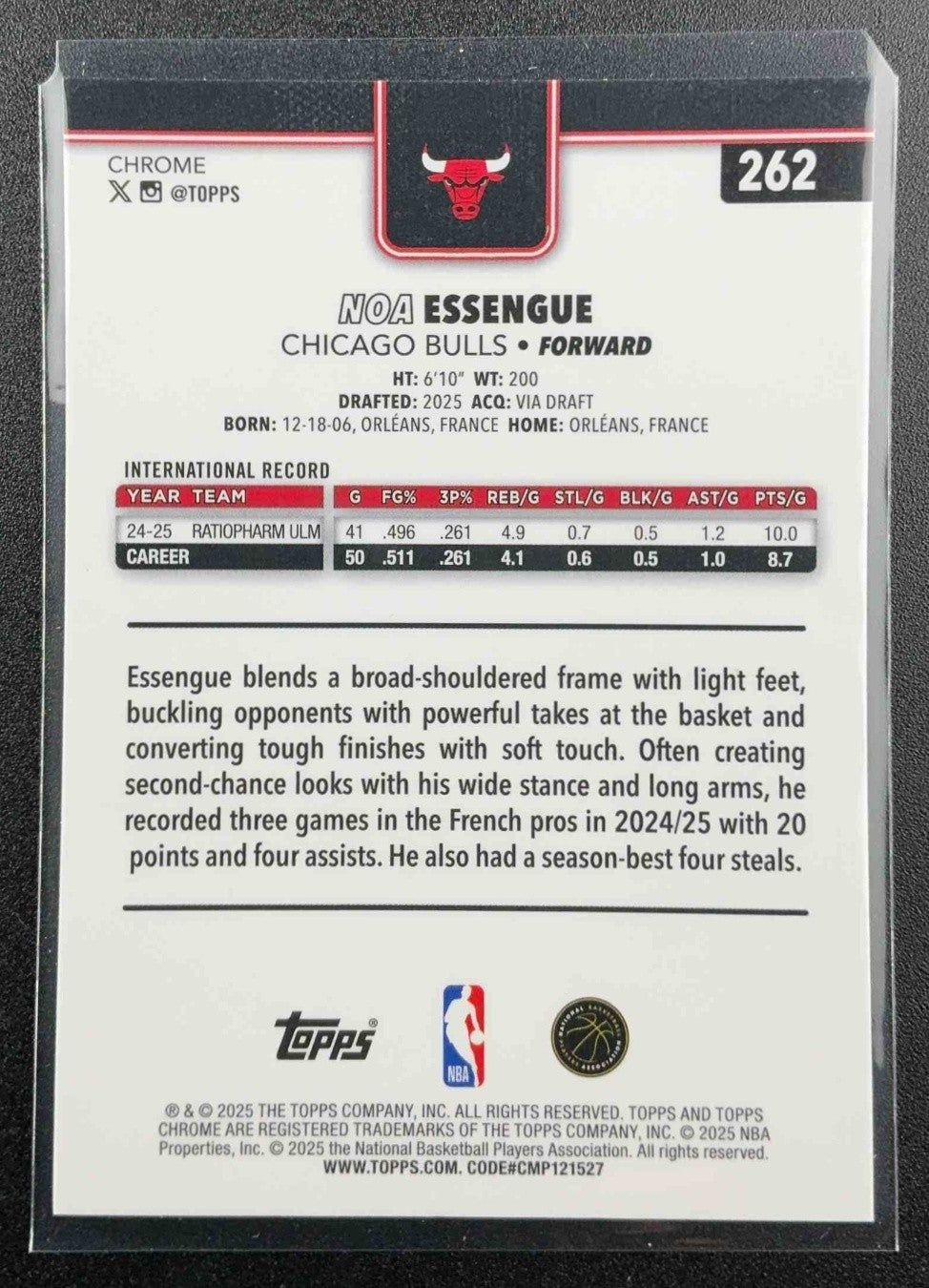 NOA ESSENGUE 2025-26 TOPPS CHROME #262 X-FRACTOR RC BULLS