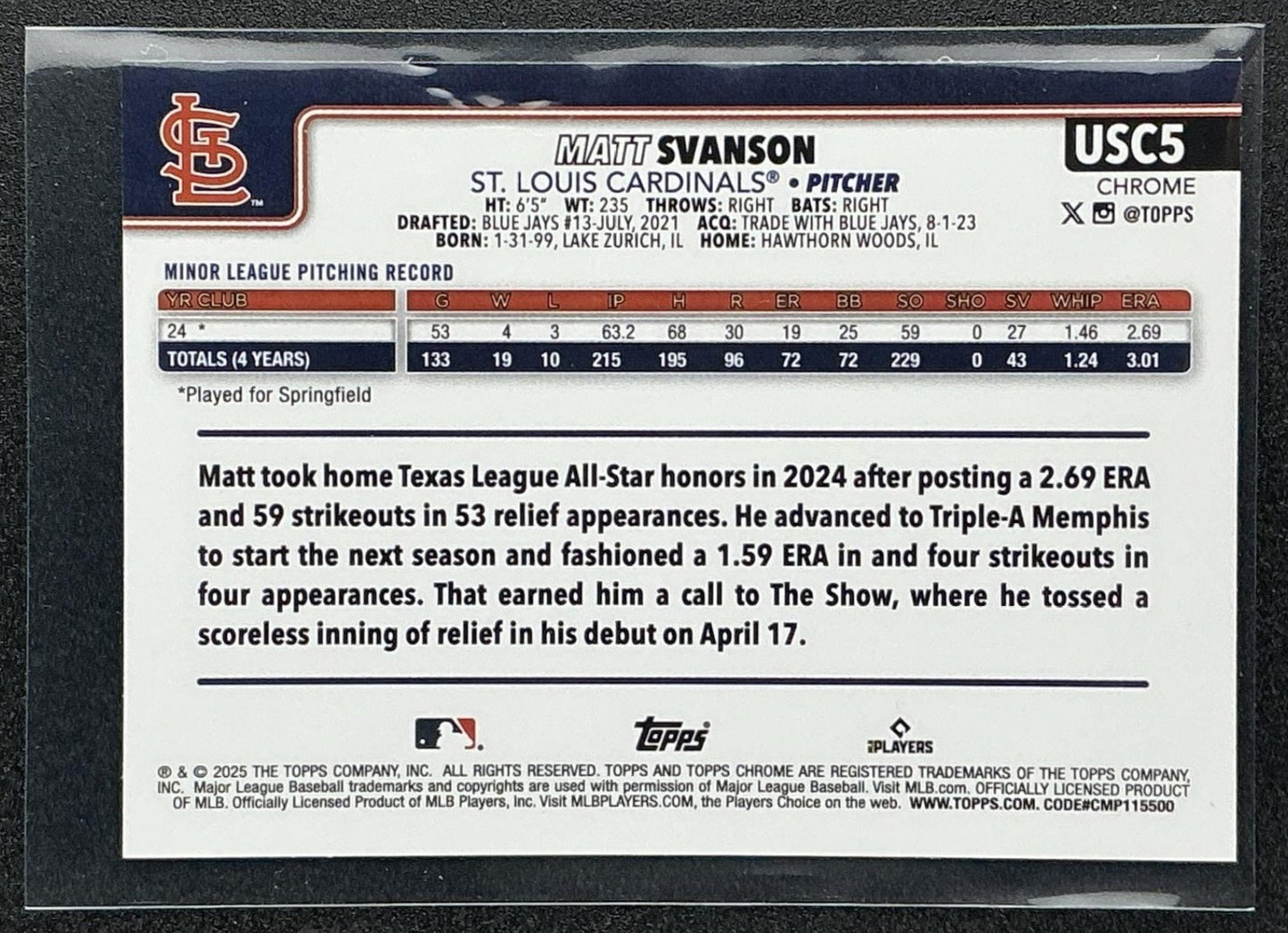 MATT SVANSON 2025 TOPPS CHROME UPDATE #USC5 SEPIA REFRACTOR RC CARDINALS