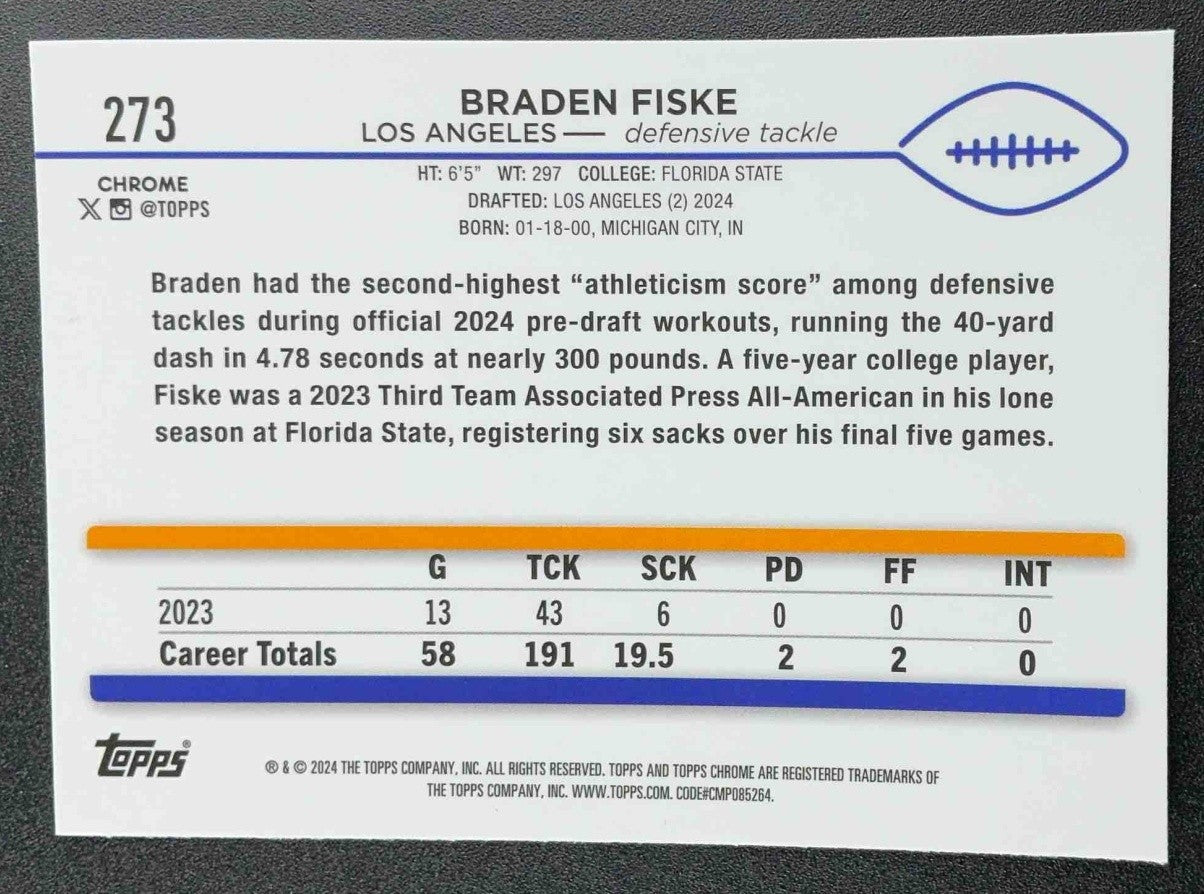 BRADEN FISKE 2024 TOPPS CHROME #273 X-FRACTOR RC RAMS
