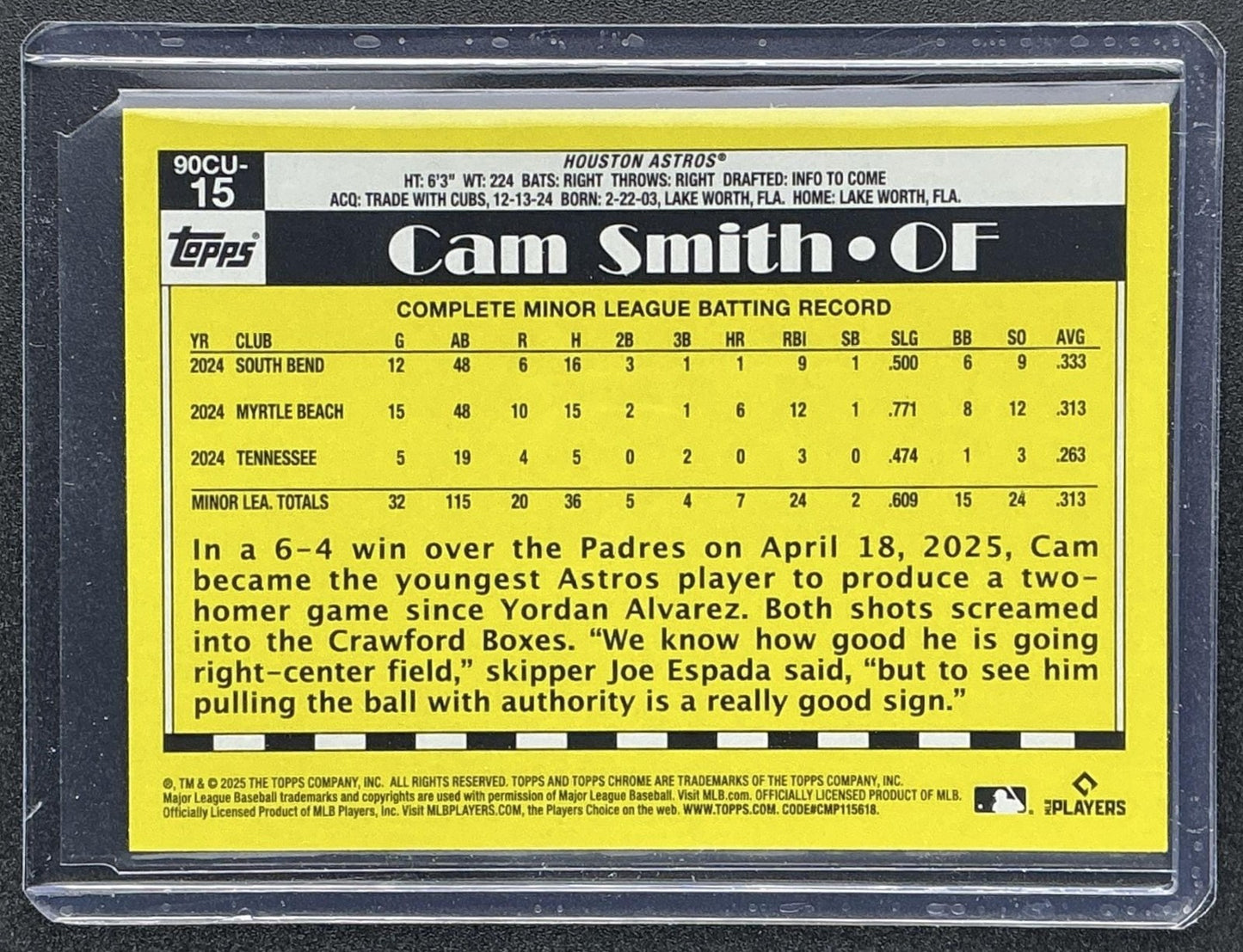 CAM SMITH 2025 TOPPS CHROME UPDATE #90CU-15 1990 RC ASTROS