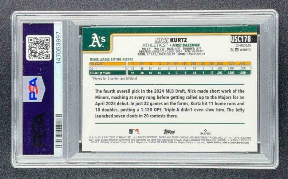 NICK KURTZ 2025 TOPPS CHROME UPDATE #USC178 RAYWAVE REFRACTOR RC ATHLETICS PSA 9