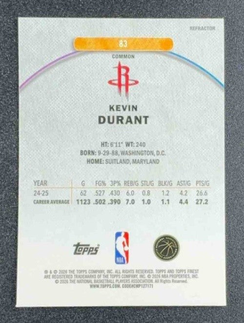 KEVIN DURANT 2025-26 TOPPS FINEST #83 COMMON REFRACTOR ROCKETS