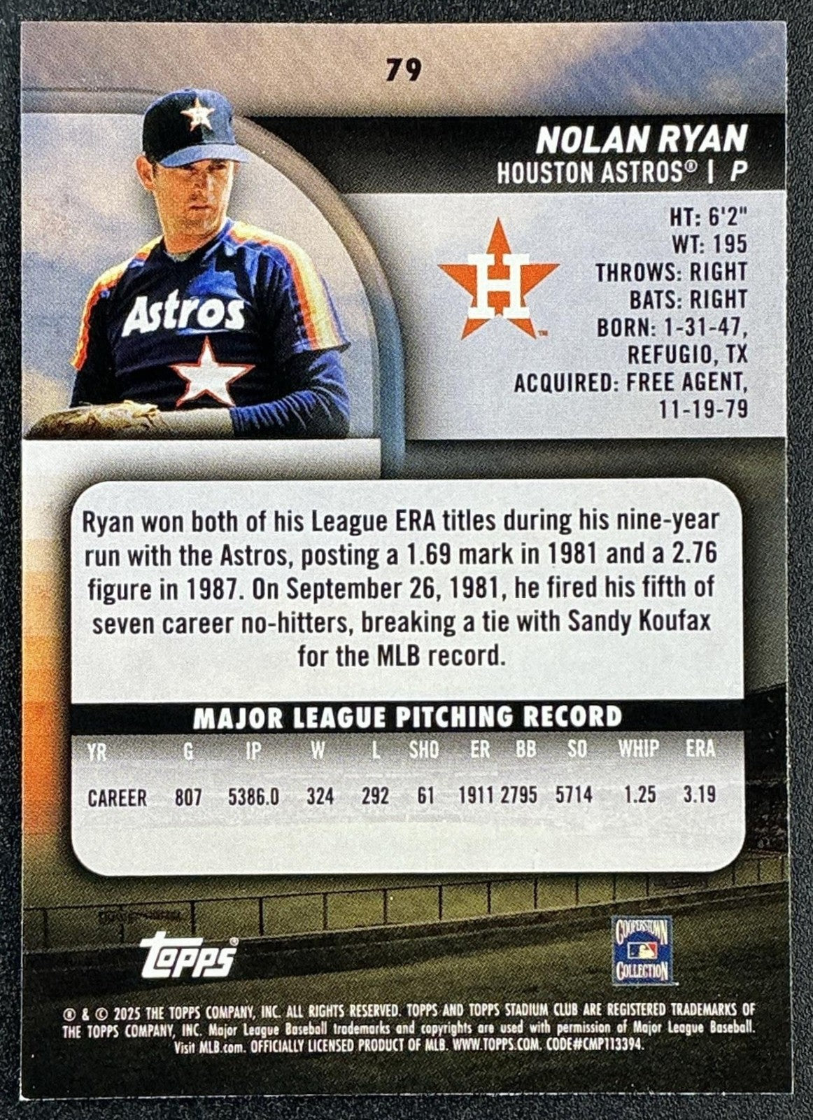NOLAN RYAN 2025 TOPPS STADIUM CLUB #79 ASTROS