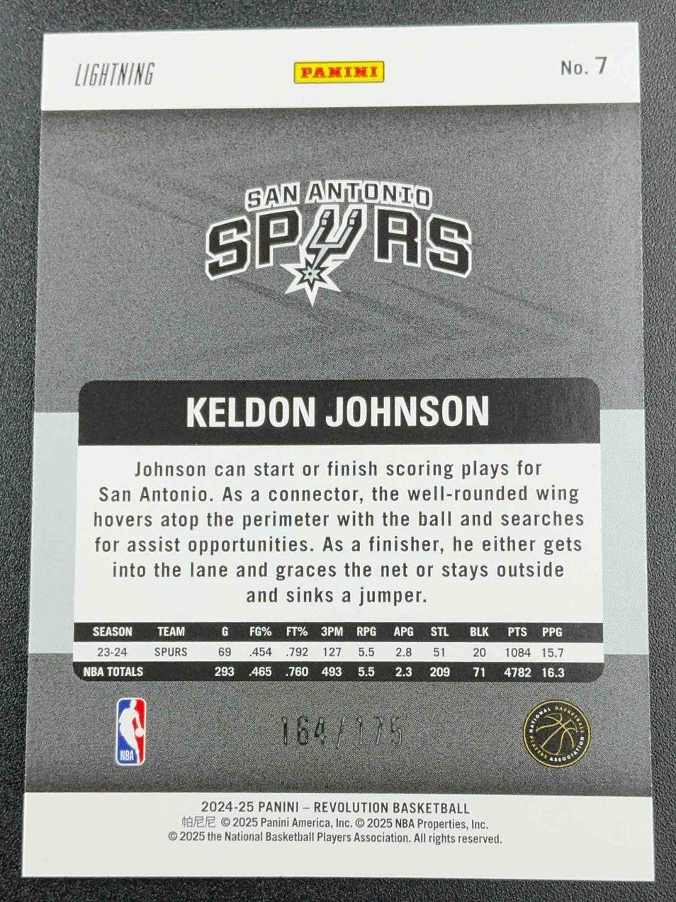 KELDON JOHNSON 2024-25 PANINI REVOLUTION #7 LIGHTNING 164/175 SPURS