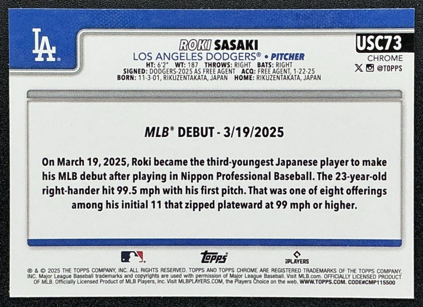 ROKI SASAKI 2025 TOPPS CHROME UPDATE #USC73 RC DODGERS