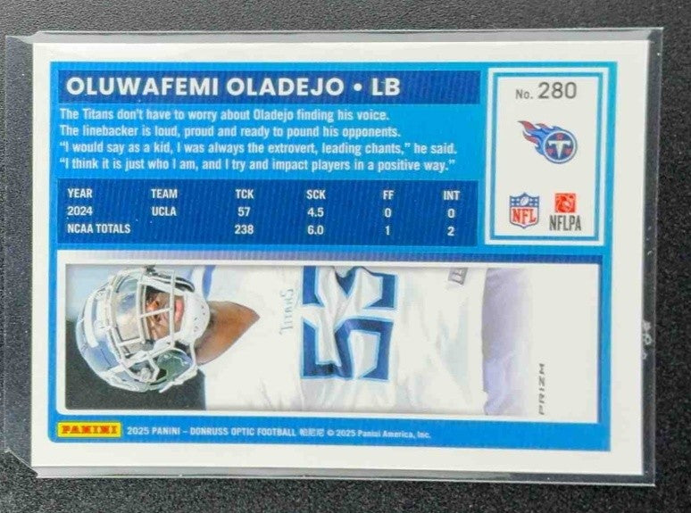 2025 Panini Donruss Optic Oluwafemi Oladejo #280 Rated Rookie Blue Hyper Prizm