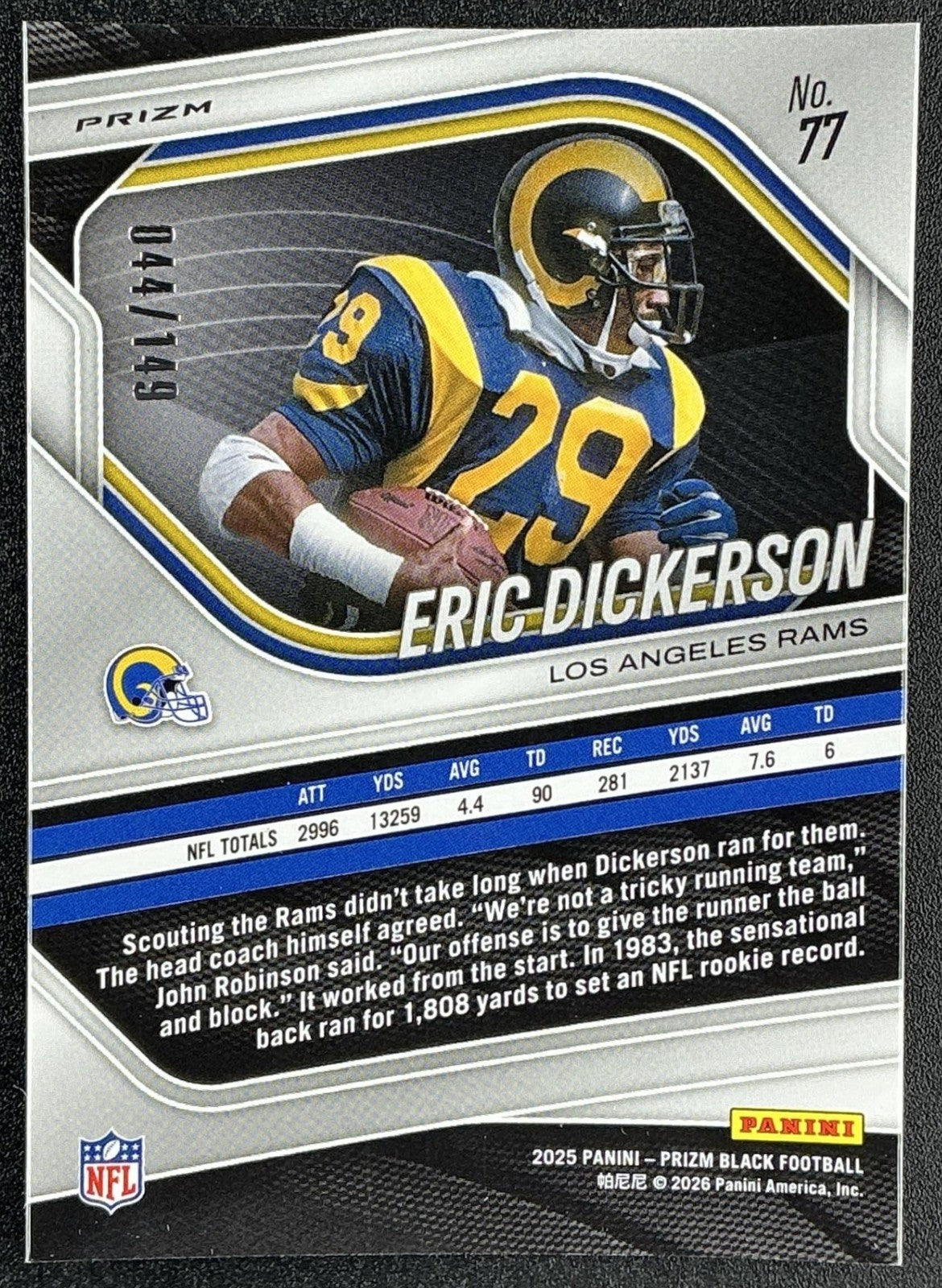 ERIC DICKERSON 2025 PANINI PRIZM BLACK #77 PURPLE ICE 44/149 RAMS