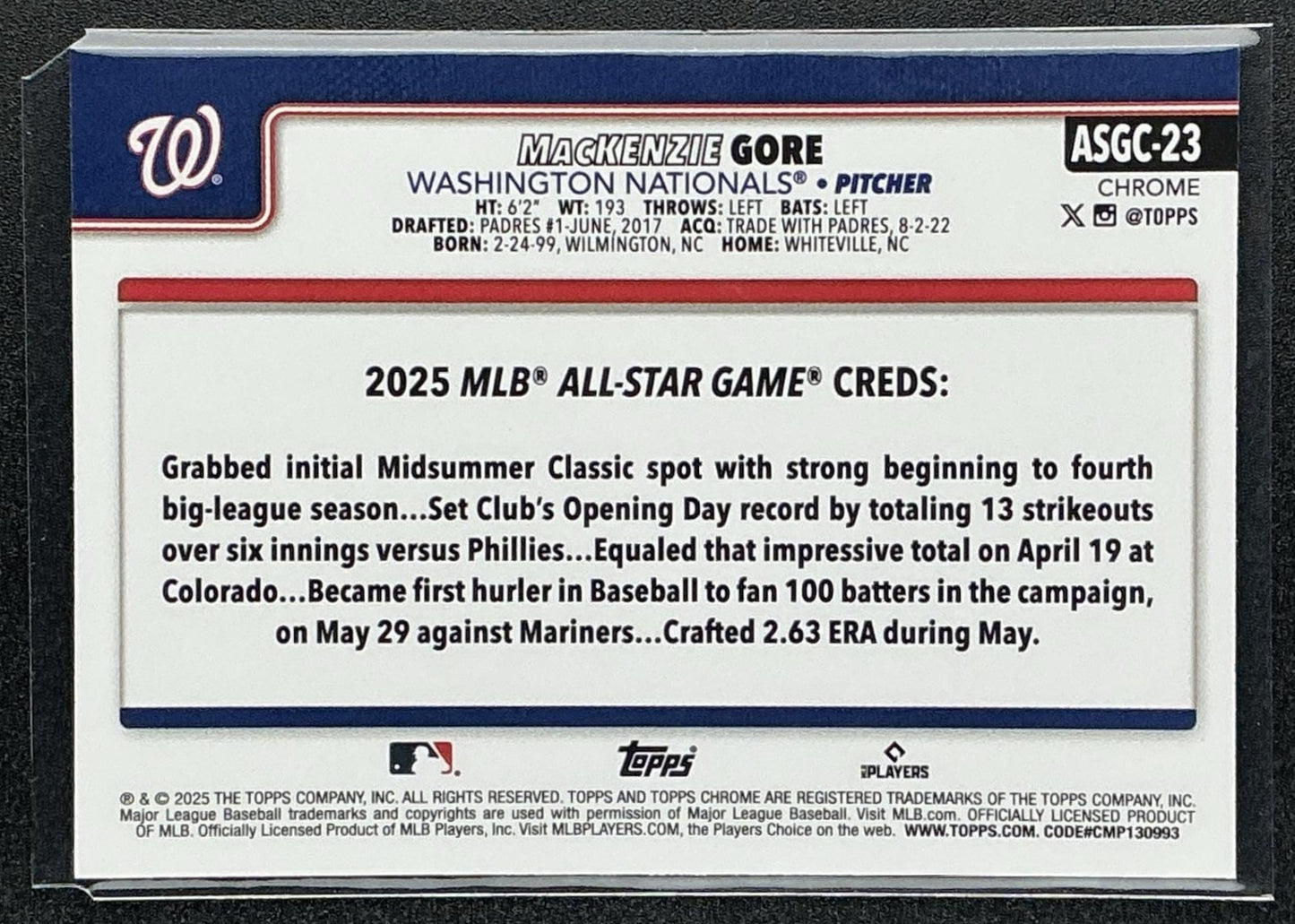 MACKENZIE GORE 2025 TOPPS CHROME UPDATE #ASGC-23 ALL-STAR GAME NATIONALS