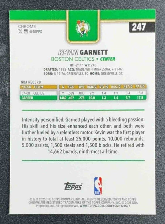 KEVIN GARNETT 2025-26 TOPPS CHROME #247 RAYWAVE YELLOW REFRACTOR 235/275 CELTICS