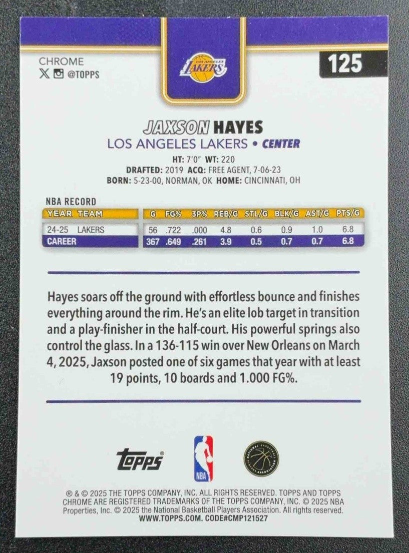 JAXSON HAYES 2025-26 TOPPS CHROME #125 MAGENTA REFRACTOR 51/399 LAKERS