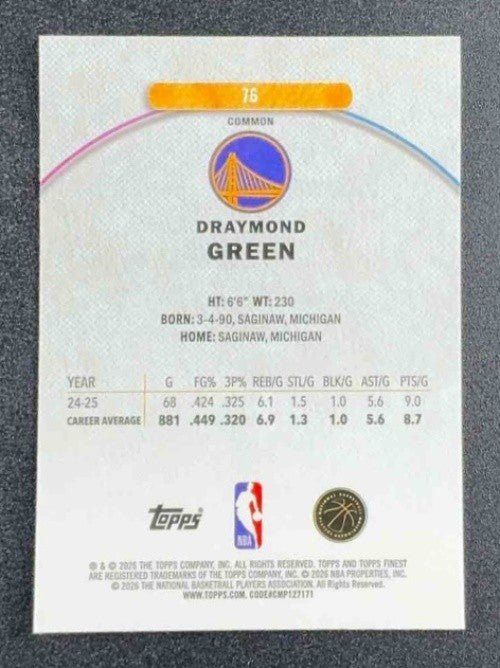 DRAYMOND GREEN 2025-26 TOPPS FINEST #76 COMMON WARRIORS