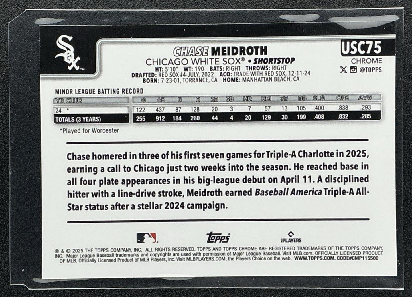 CHASE MEIDROTH 2025 TOPPS CHROME UPDATE #USC75 SEPIA REFRACTOR RC WHITE SOX