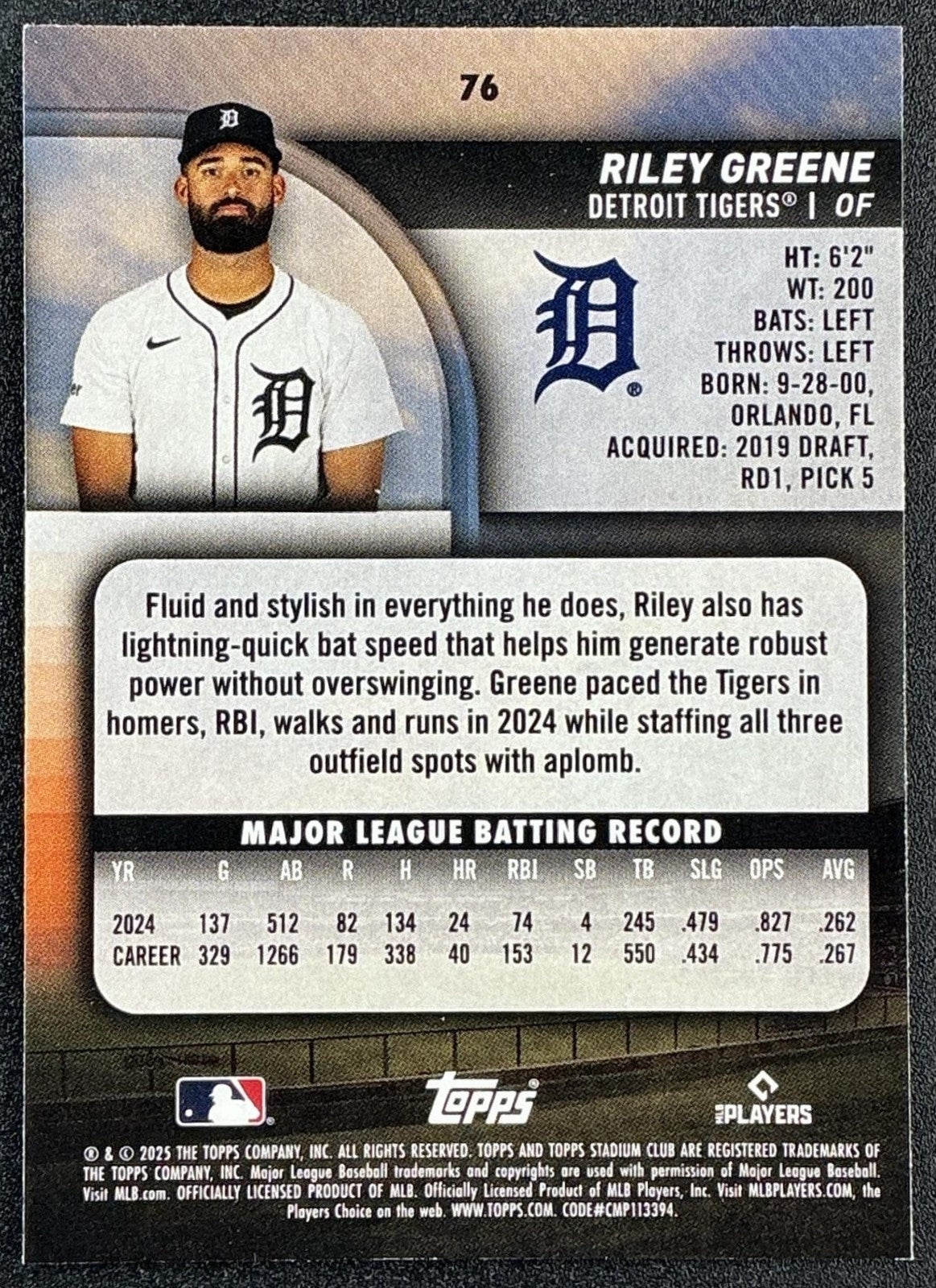 RILEY GREENE 2025 TOPPS STADIUM CLUB #76 RED FOIL TIGERS