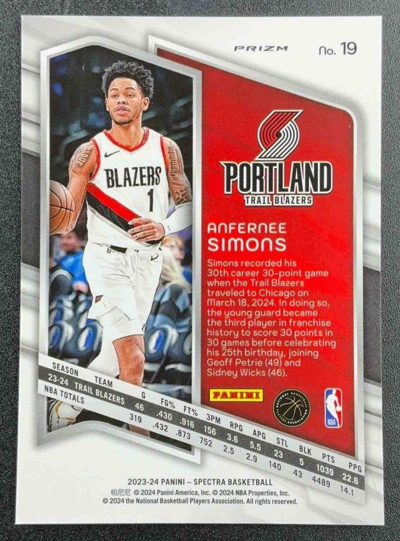 ANFERNEE SIMONS 2023-24 PANINI SPECTRA #19 INTERNATIONAL RED TRAIL BLAZERS