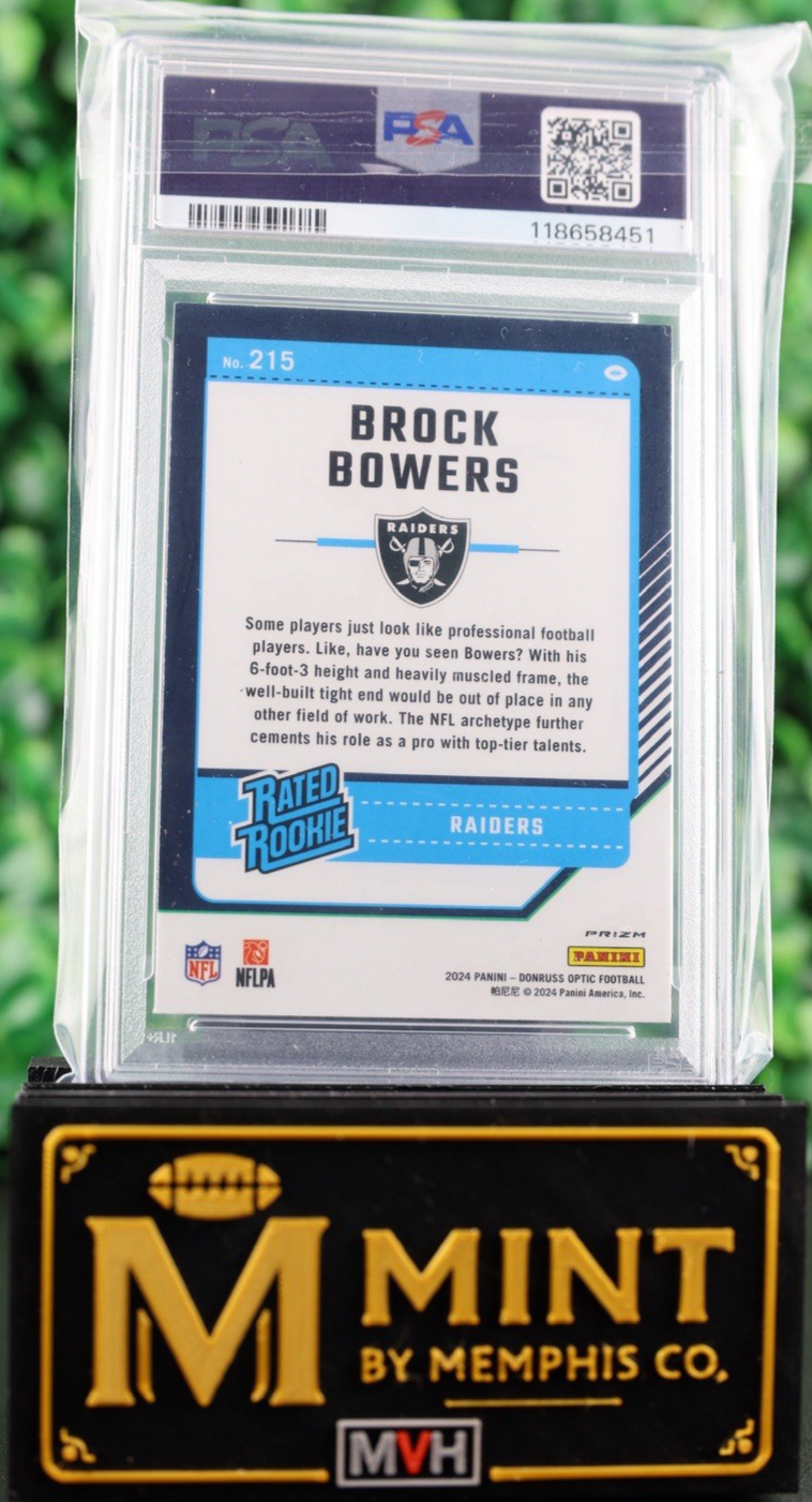 BROCK BOWERS 2024 DONRUSS OPTIC WHITE SPARKLE #215 SSP RC PSA 10 POP 5 RAIDERS