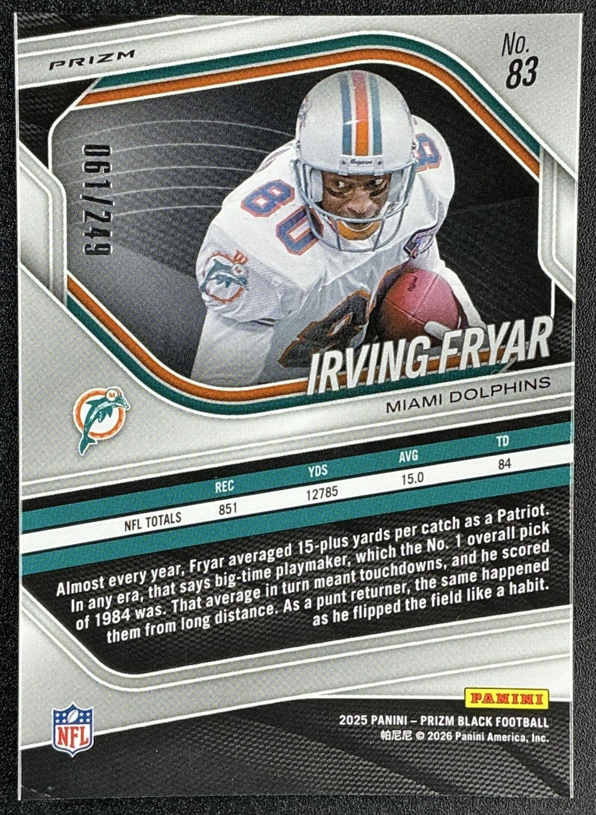 IRVING FRYAR 2025 PANINI PRIZM BLACK #83 SKEWED 61/249 DOLPHINS