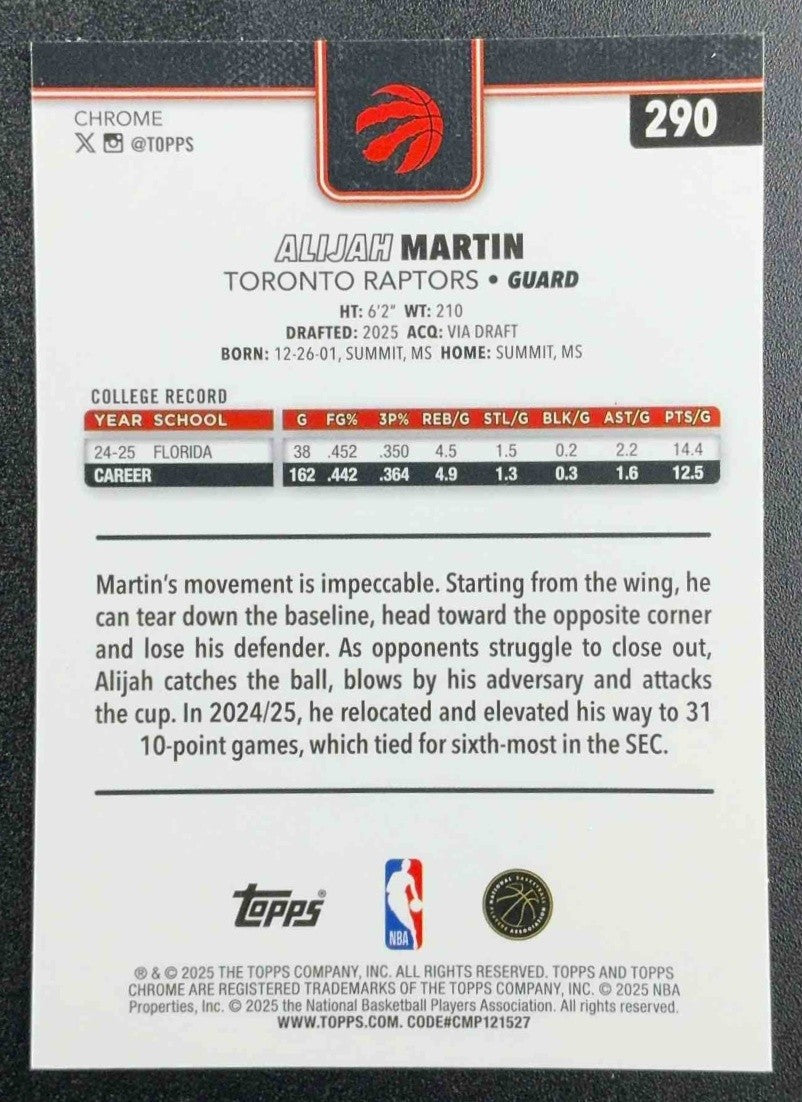 ALIJAH MARTIN 2025-26 TOPPS CHROME #290 X-FRACTOR RC RAPTORS