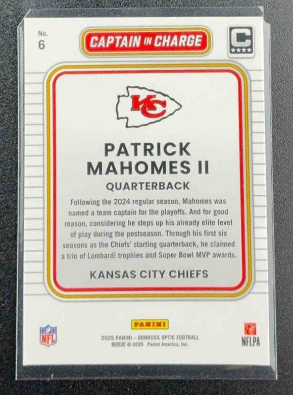 PATRICK MAHOMES II 2025 PANINI DONRUSS OPTIC #6 CAPTAIN IN CHARGE CHIEFS
